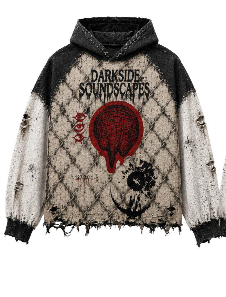 Darkside Soundscapes Distressed Oversized Hoodie – Bone & Obsidian