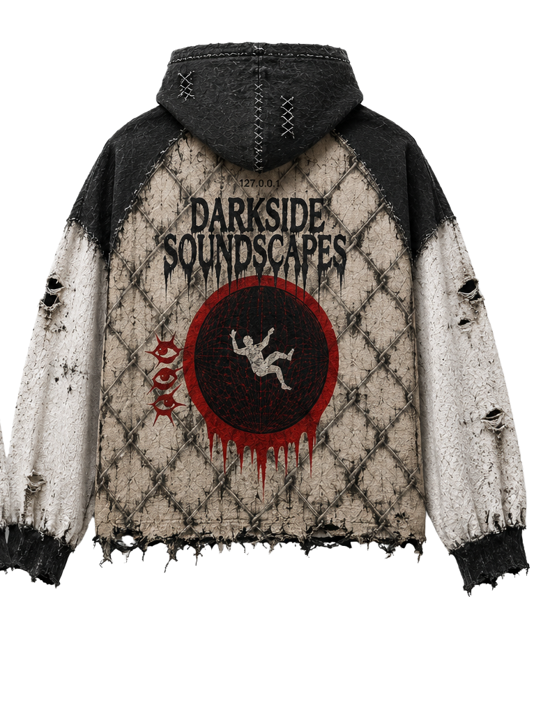 Darkside Soundscapes Distressed Oversized Hoodie – Bone & Obsidian