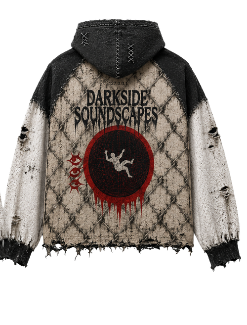 Darkside Soundscapes Distressed Oversized Hoodie – Bone & Obsidian